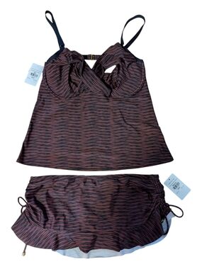 Striped Brown Two-Piece Women’s Swim Pajama Set with Skirt